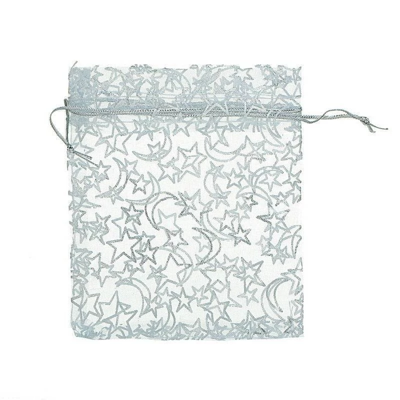 Ezüst csillag, hold mintás fehér organza tasak, 15x12 cm