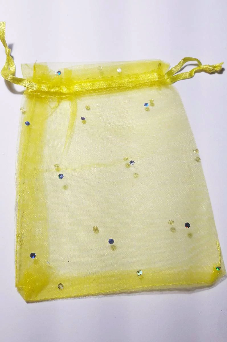 Csillámos, sárga színű organza tasak, zacskó, 12x9,5 cm