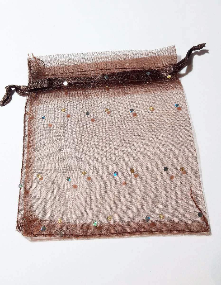 Csillámos, barna színű organza tasak, zacskó, 12x9,5 cm