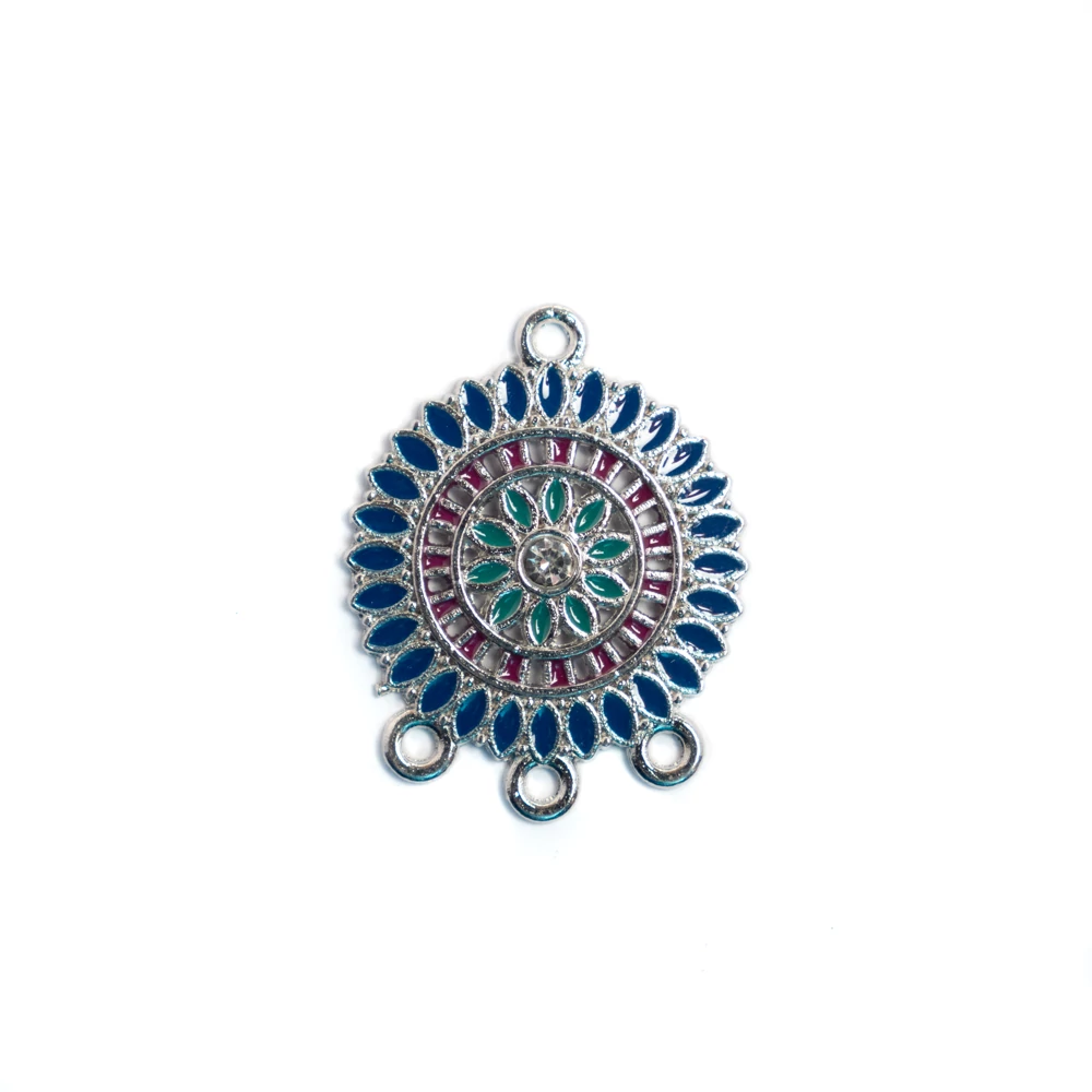 Kerek, kék összekötő, fülbevalóalap, medálalap, antik ezüst színű, 28x22 mm