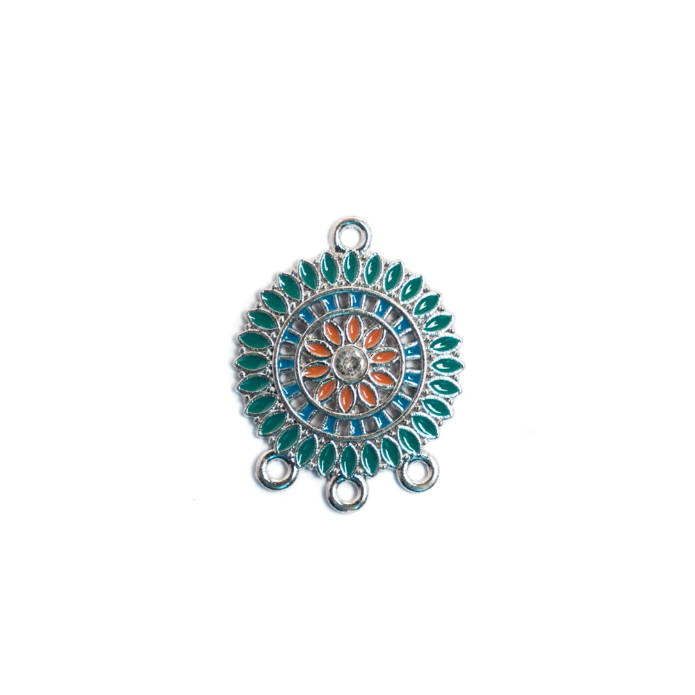 Kerek, zöld összekötő, fülbevalóalap, medálalap, antik ezüst színű, 28x22 mm