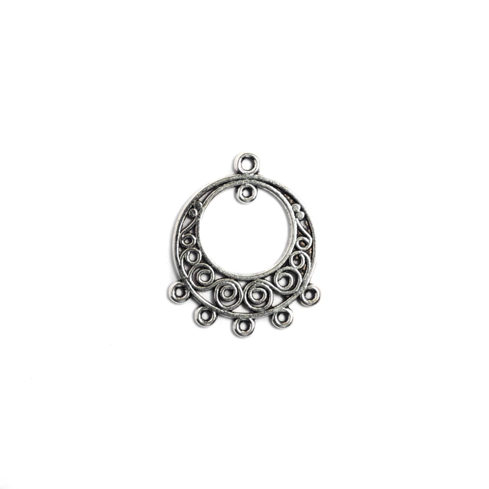 Kerek összekötő, fülbevalóalap, medálalap, antik ezüst színű, 25x22 mm