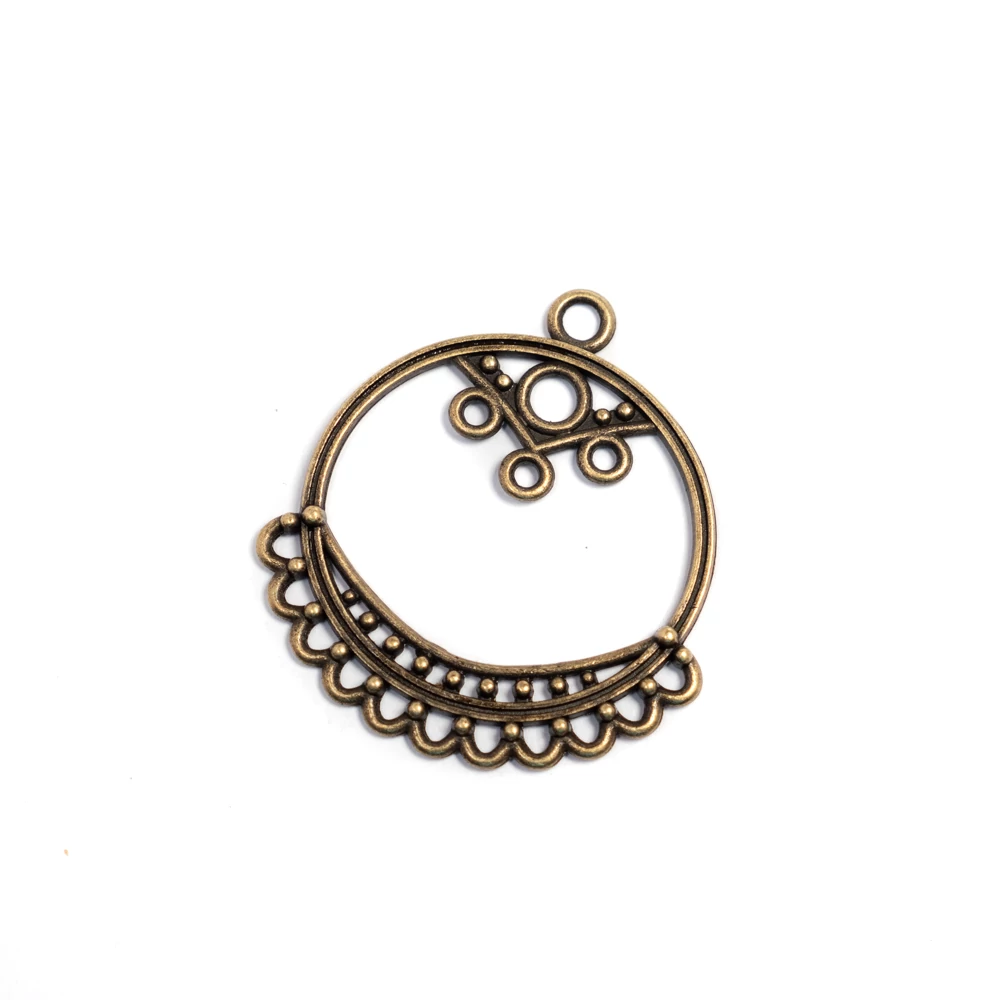 Kerek összekötő, fülbevalóalap, medálalap, antik bronz színű, 36x33 mm