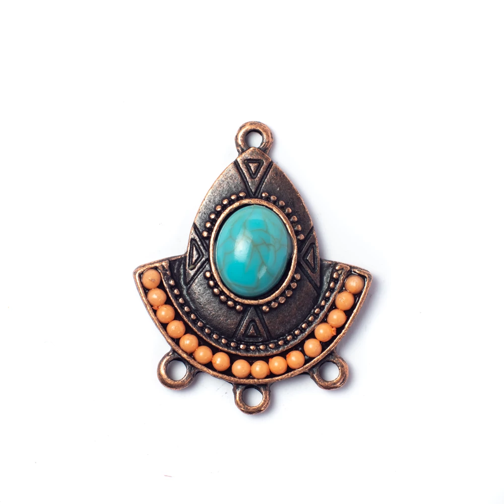 Fülbevalóalap, medálalap, összekötő, imitált türkiz kabosonnal, vörösréz színű, 31x25 mm