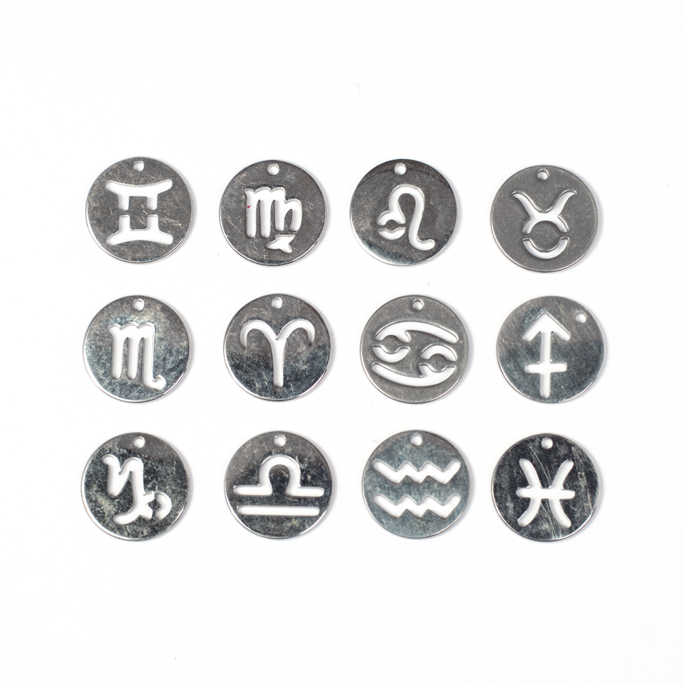Horoszkóp fityegő, medál szett, antik ezüst színű, acél, 12 db/szett