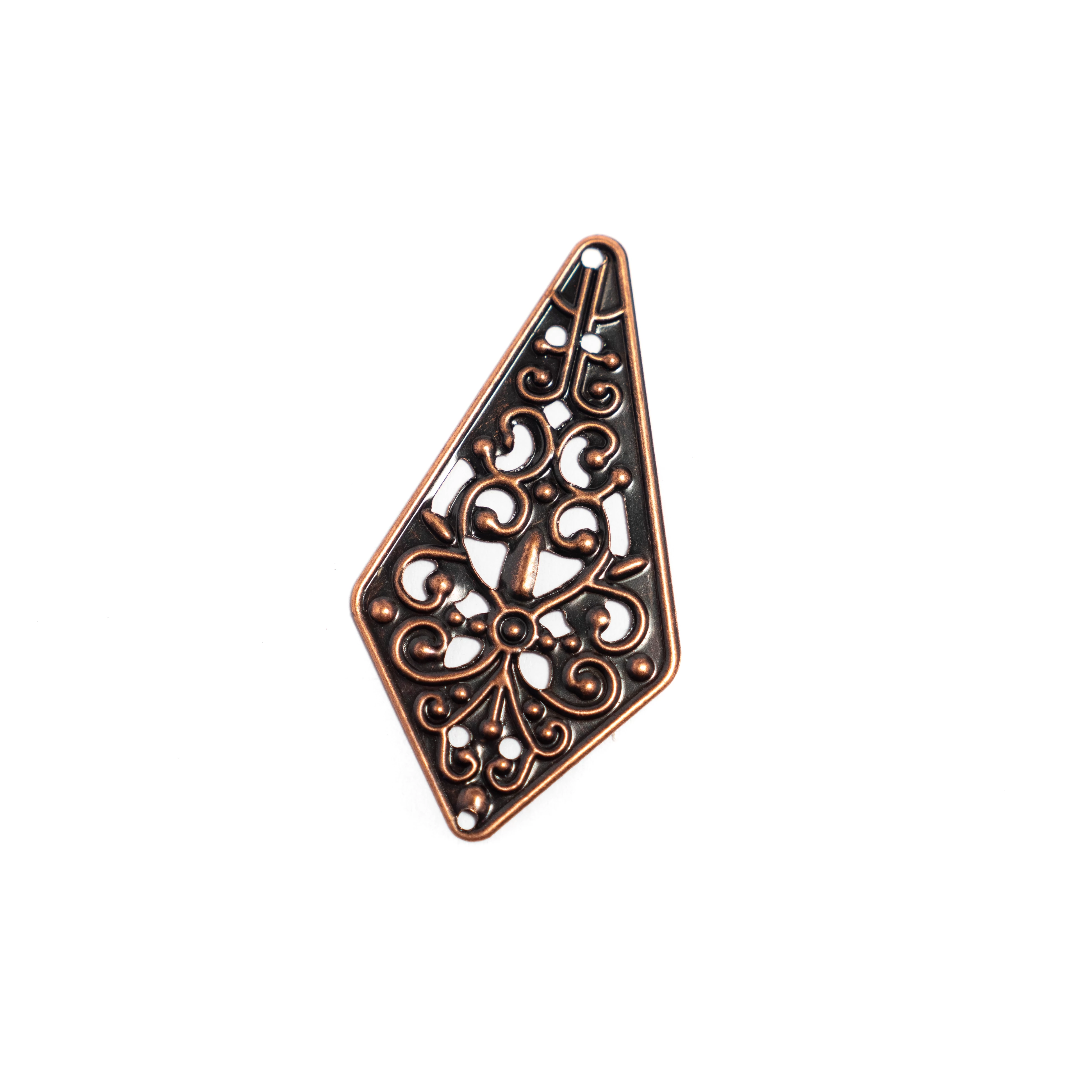 Rombusz összekötő, medálalap, fülbevalóalap, fityegő, medál, vörösréz színű, 45x24 mm