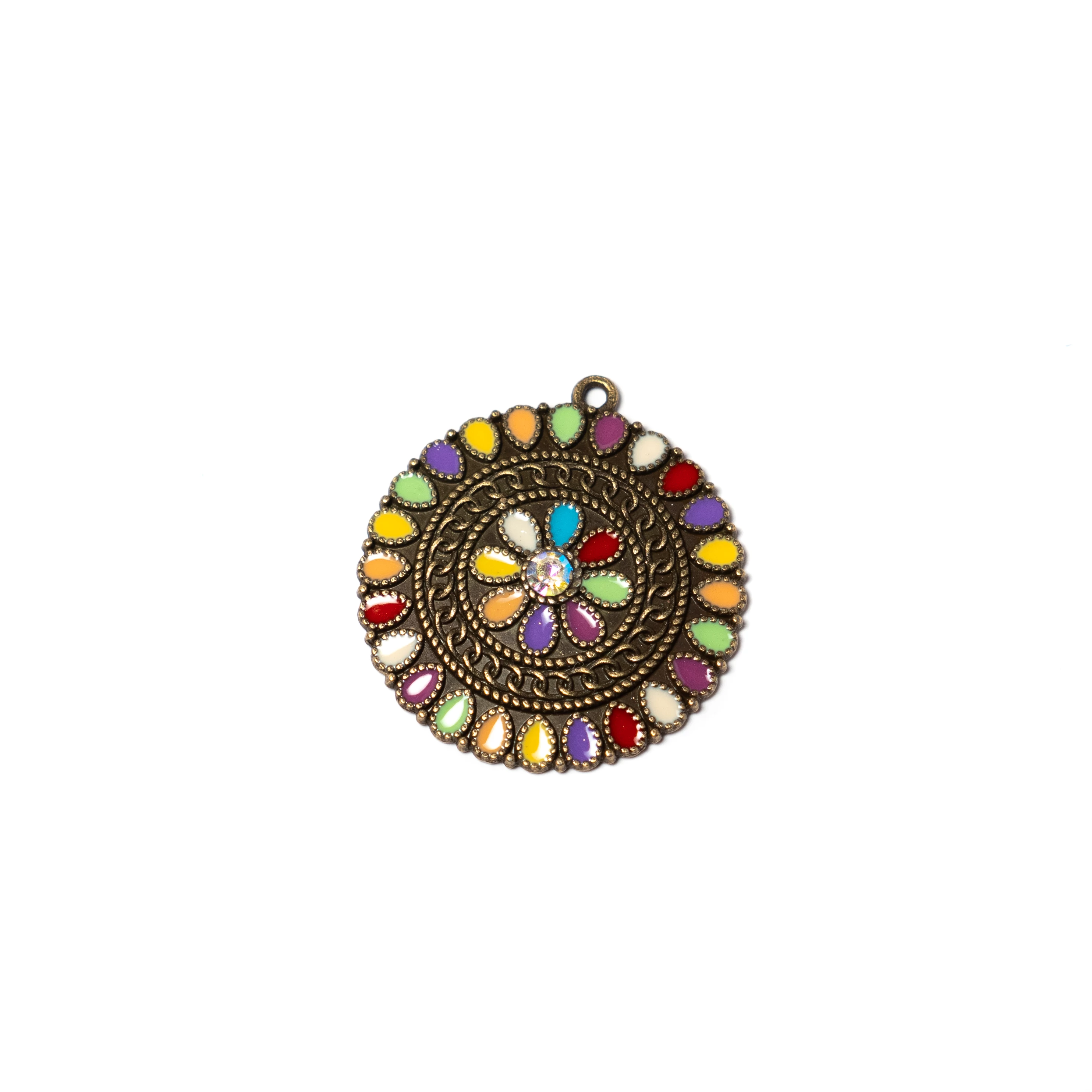 Színes, festett kerek medál, antik bronz színű, 30x28 mm