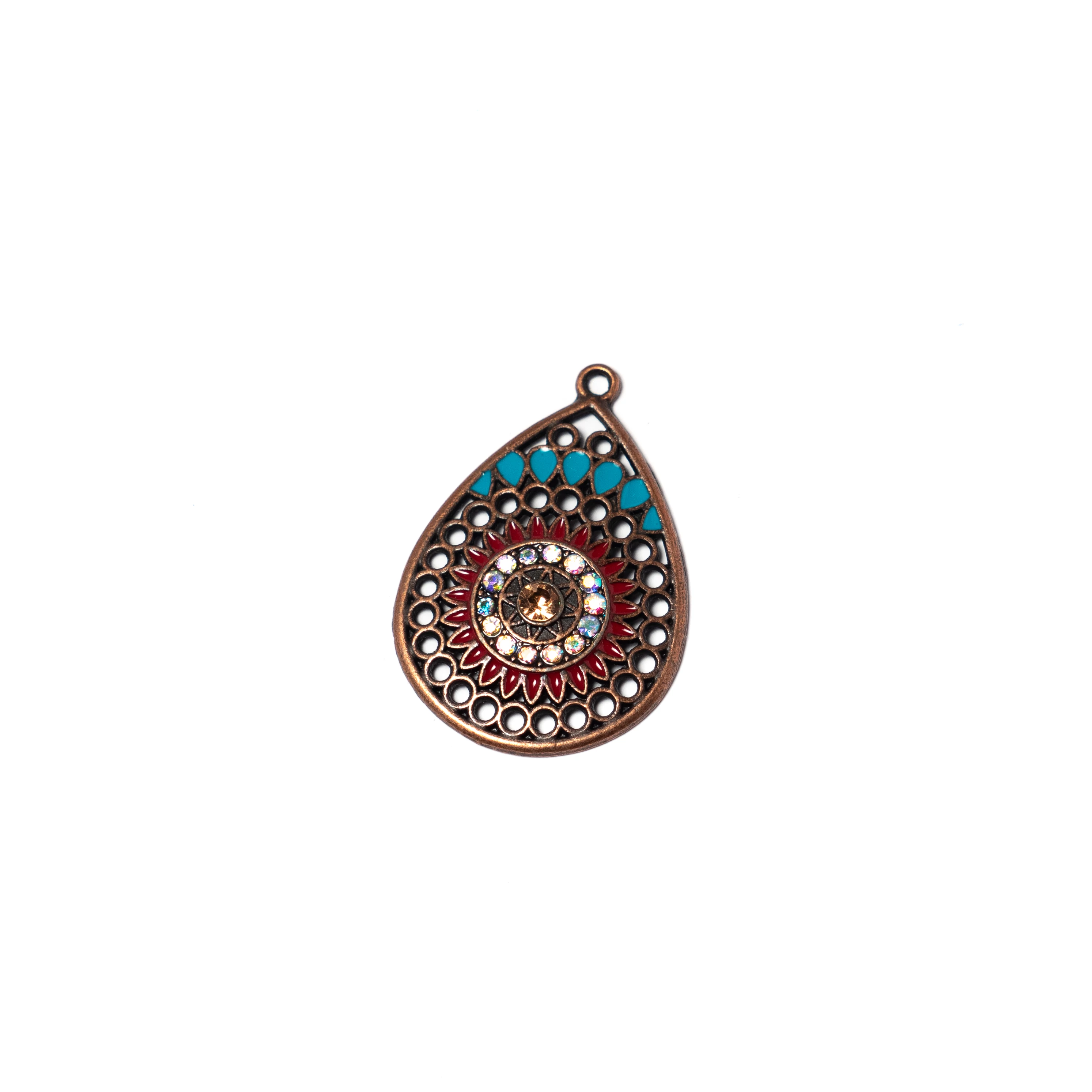 Festett, strasszköves csepp fityegő, medál, vörösréz színű, 33x22 mm