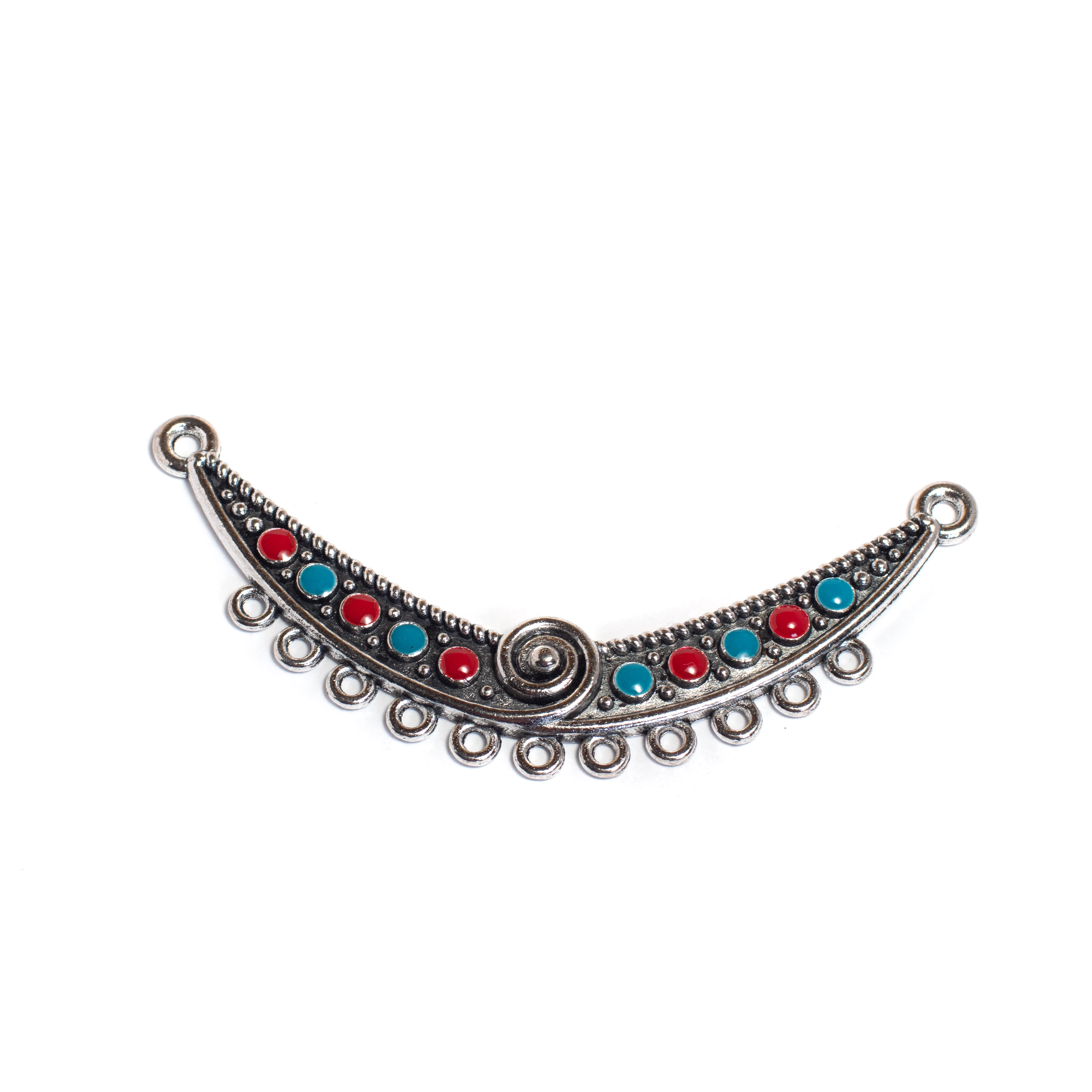 Kék, piros festett összekötő, medálalap, antik ezüst színű, 84x30 mm