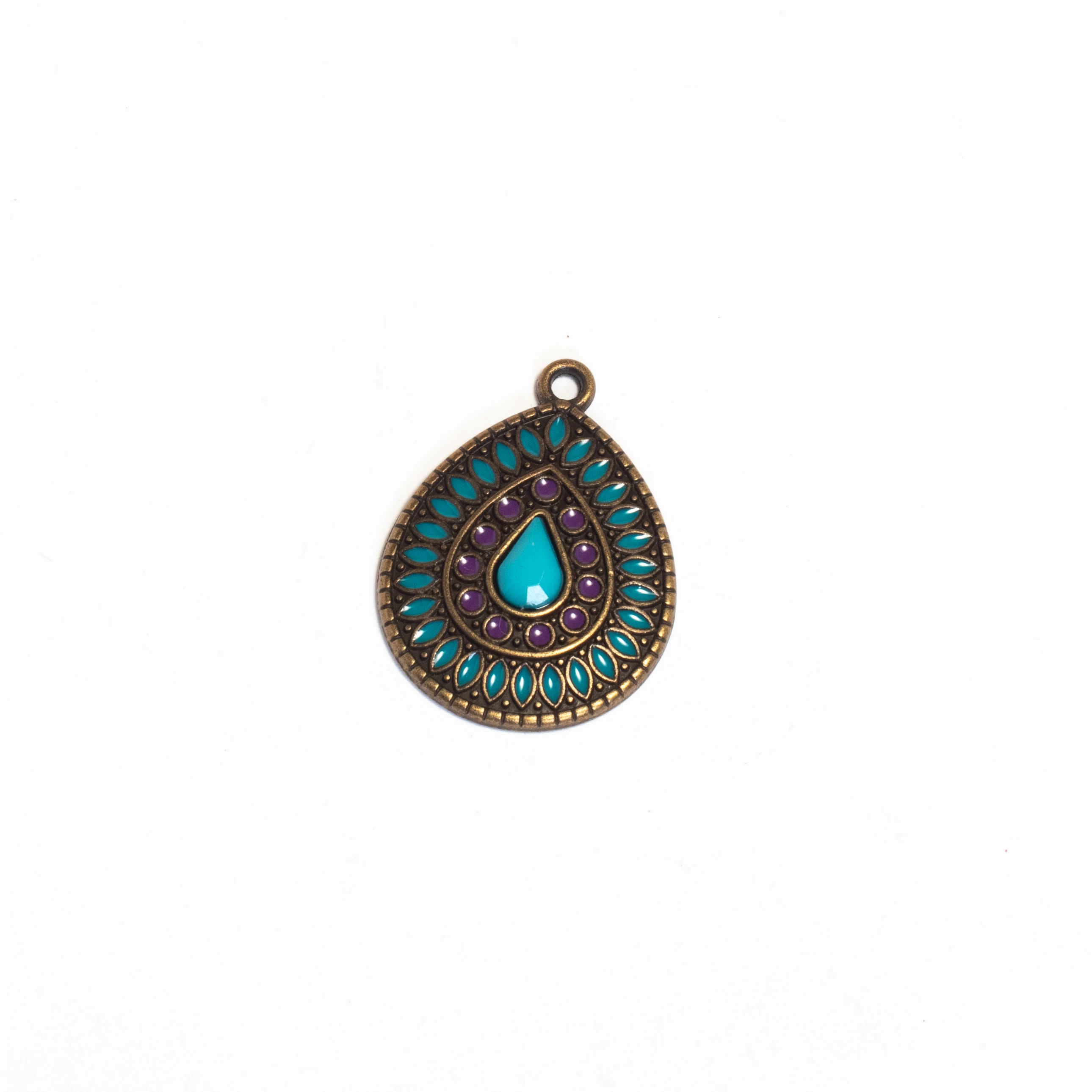 Türkiz és lila festett csepp medál, antik bronz színű, 25x19 mm