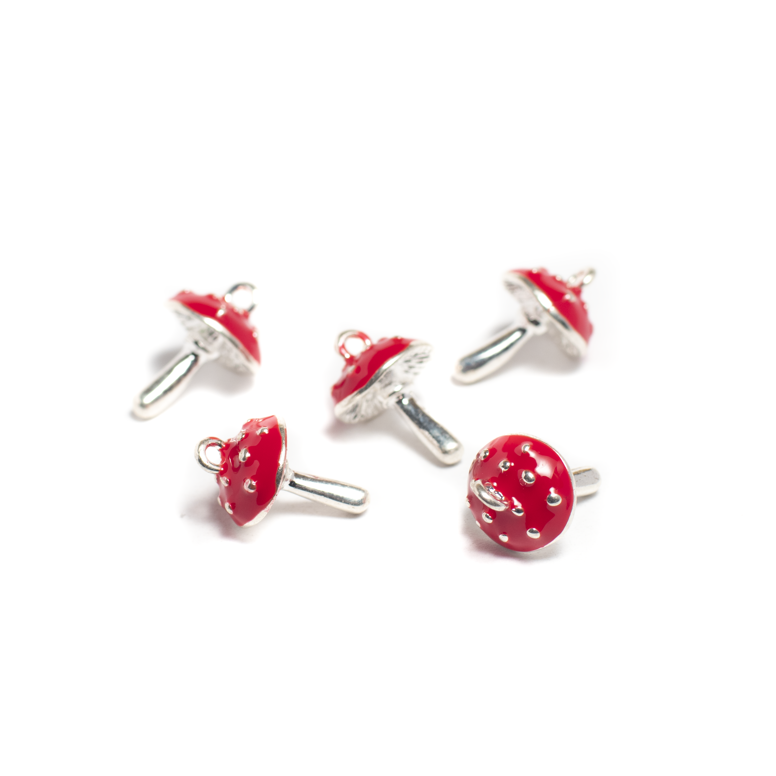 Piros, festett gomba fityegő, medál, antik ezüst színű, 17x11 mm