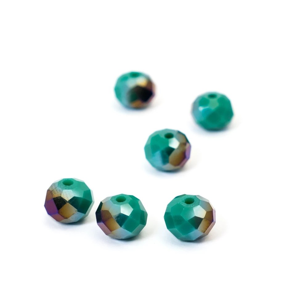Zöld és metál csiszolt üveg gyöngy, fánk, abakusz, 8x6 mm