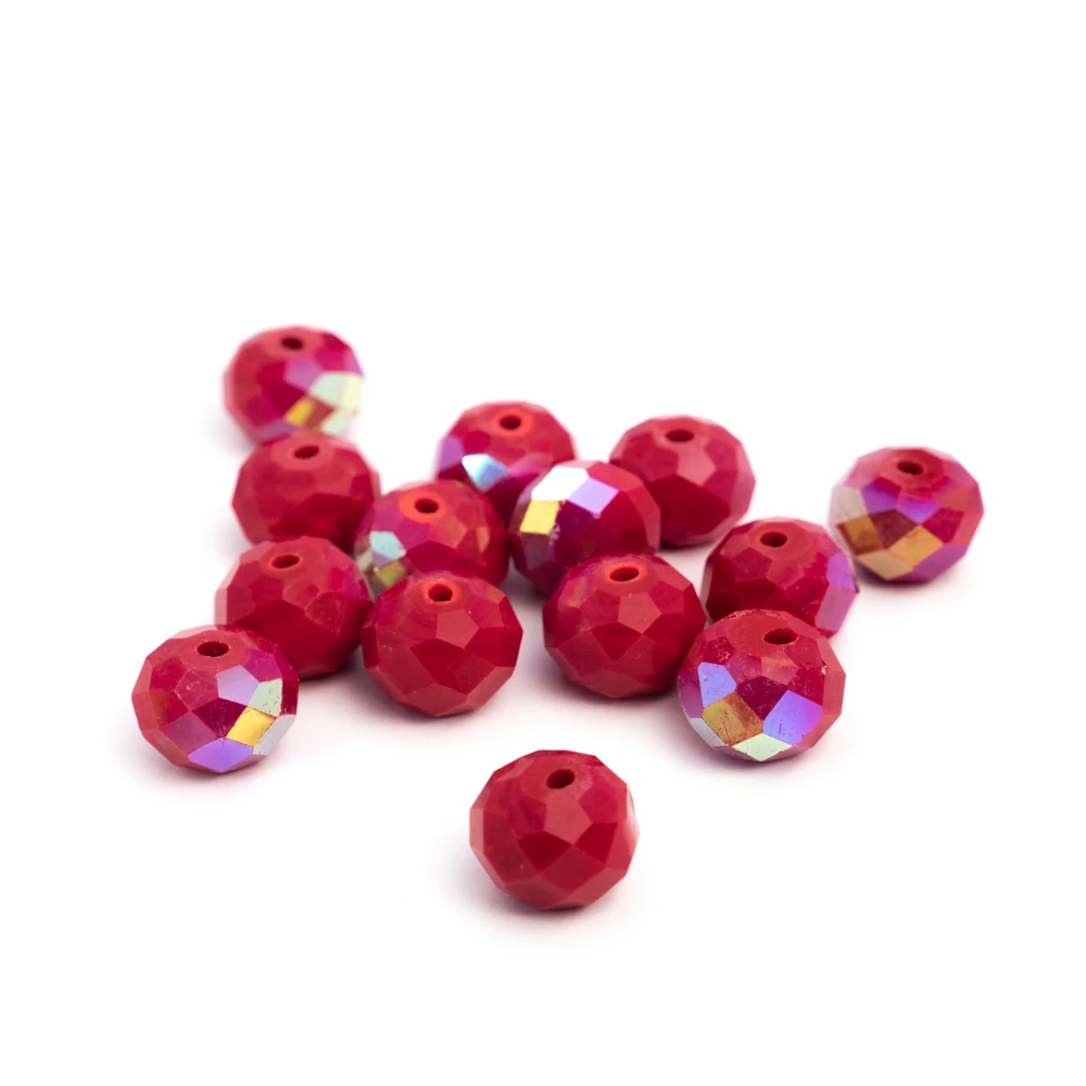 Telt piros és metál színjátszó csiszolt üveg gyöngy, fánk, abakusz, 12x8 mm
