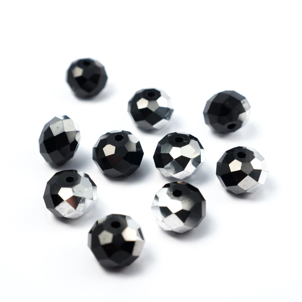 Ezüst és fekete csiszolt üveg gyöngy, fánk, abakusz, 12x8 mm