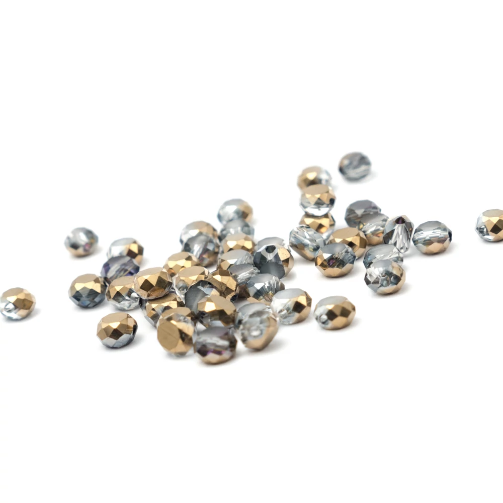 Fukszia, szürke, aranybarna, kerek, lapos, csiszolt üveg gyöngy, 4x3 mm