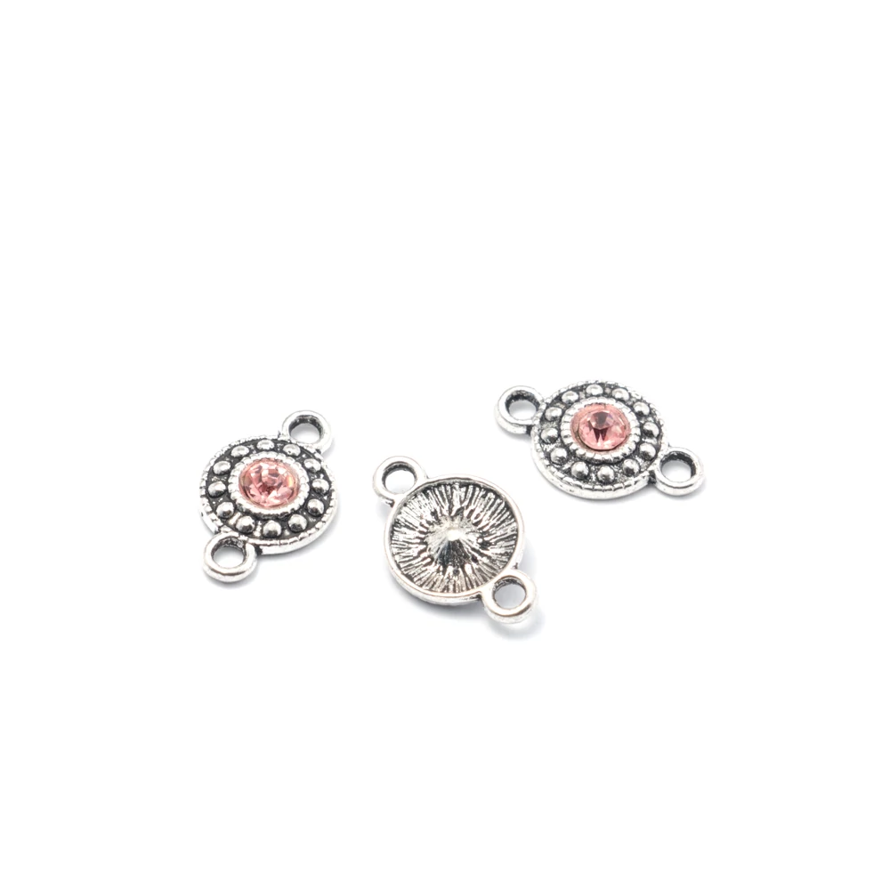 Rózsaszín strasszköves összekötő, antik ezüst színű, 18x11 mm