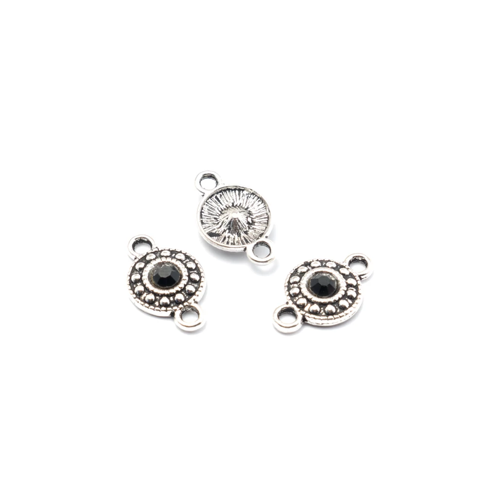 Fekete strasszköves összekötő, antik ezüst színű, 18x11 mm