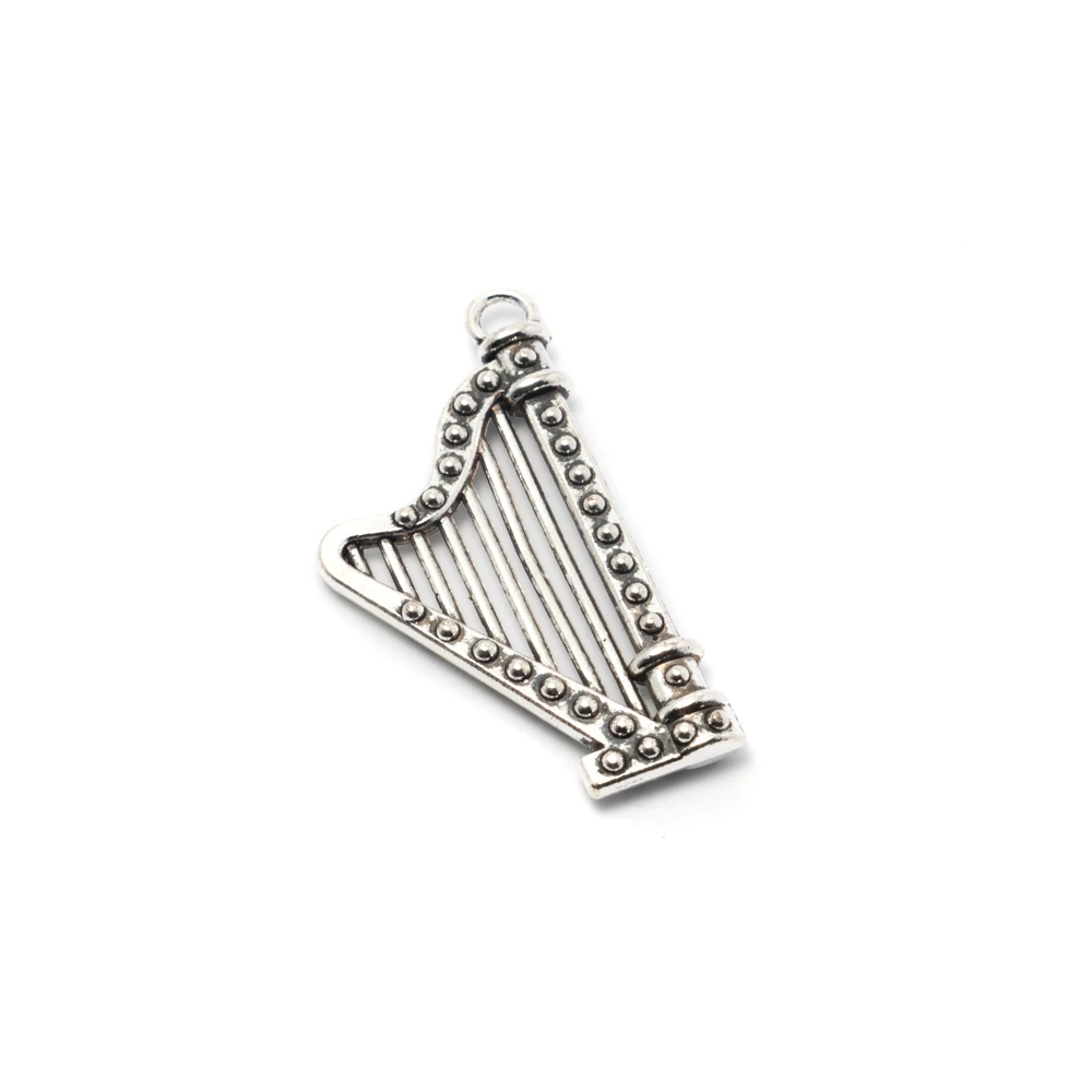 Hárfa, hangszer fityegő, medál, antik ezüst színű, 38x21 mm