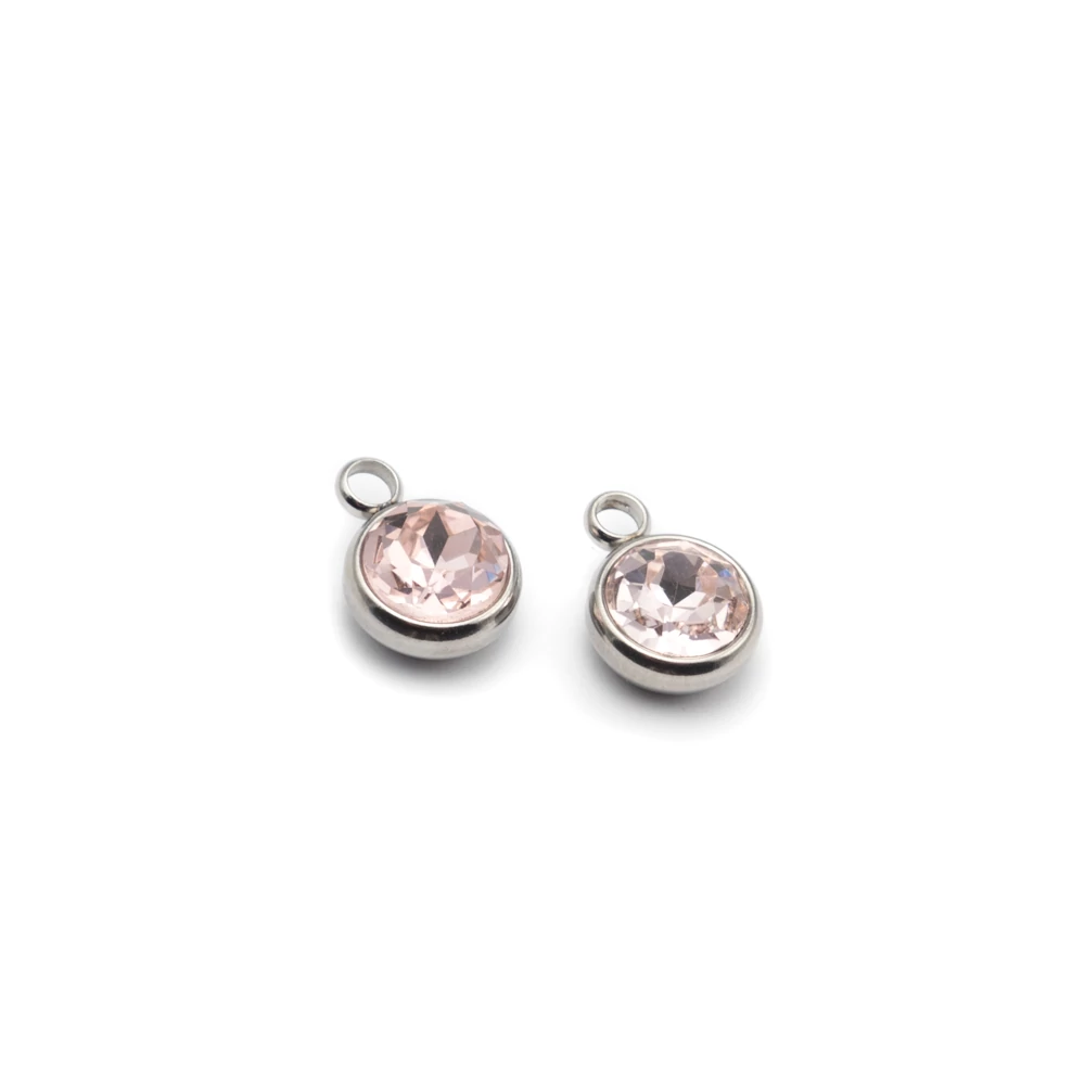 Rózsaszín strasszköves medál, rozsdamentes acél, 13x10 mm
