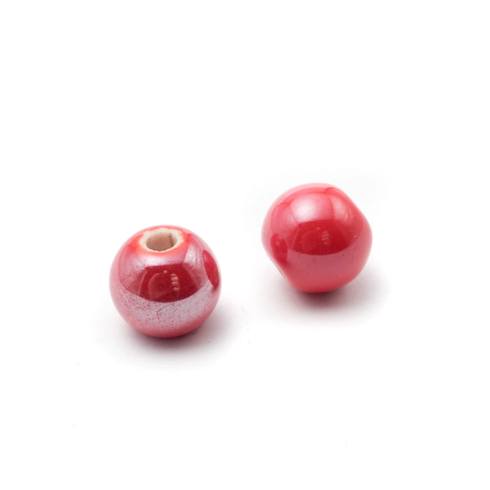Piros porcelán gyöngy, gyöngyfényű, 10 mm