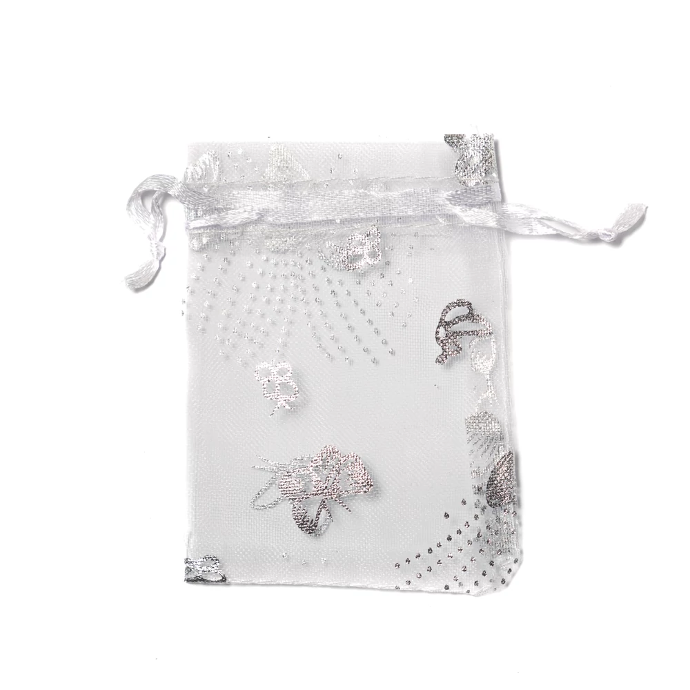 Ezüst lepke mintás, fehér organza tasak, zacskó, 9x7 cm