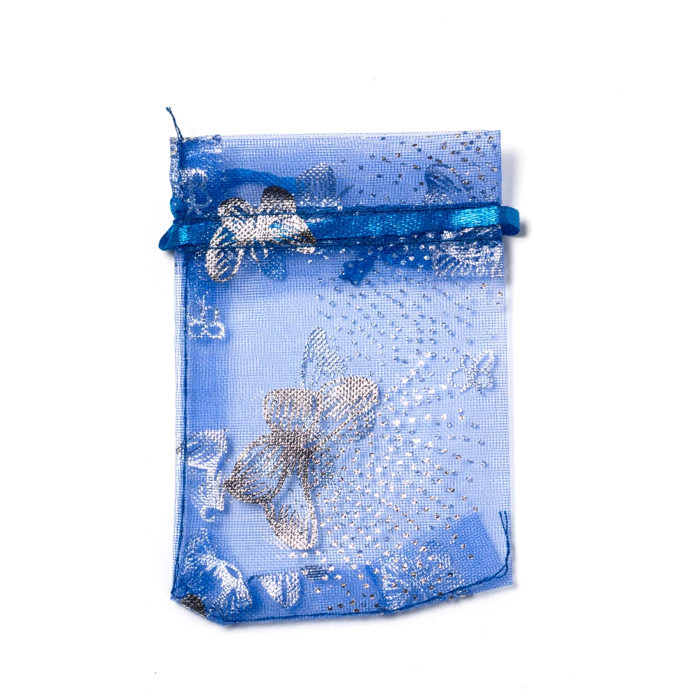 Ezüst lepke mintás, sötétkék organza tasak, zacskó, 9x7 cm