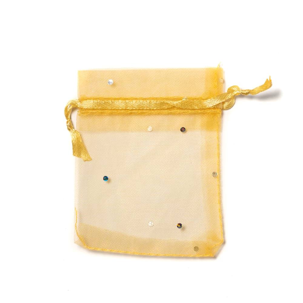 Csillámos, napsárga színű organza tasak, zacskó, 9x7 cm