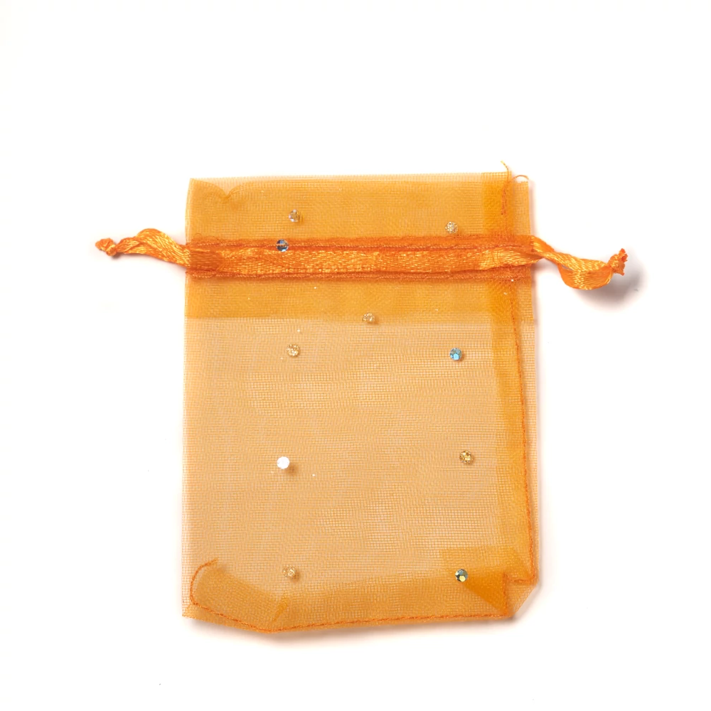 Csillámos, narancssárga színű organza tasak, zacskó, 9x7 cm