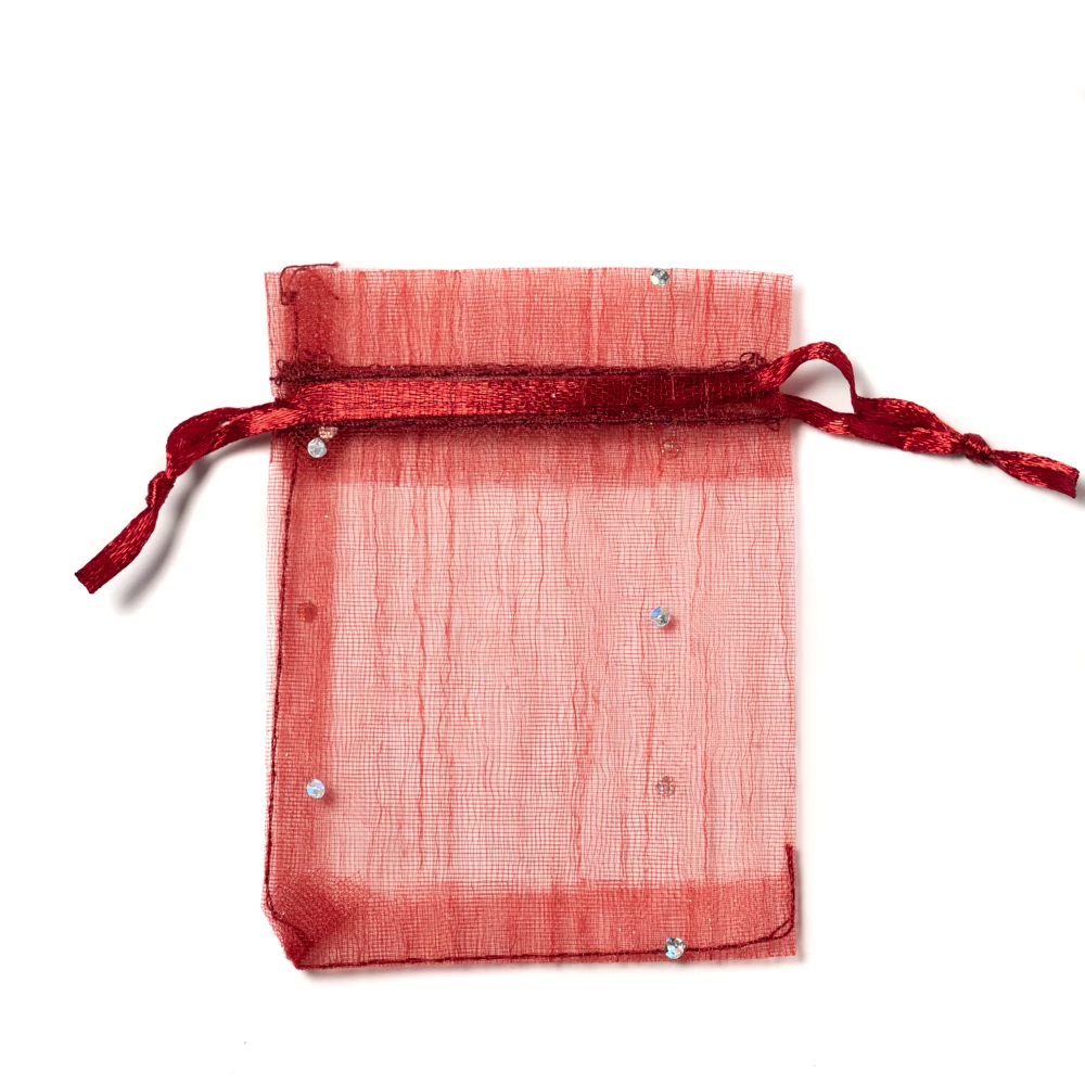 Csillámos, bordó organza tasak, zacskó, 9x7 cm