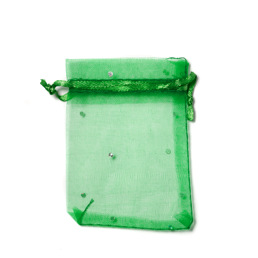 Csillámos, zöld organza tasak, zacskó, 9x7 cm