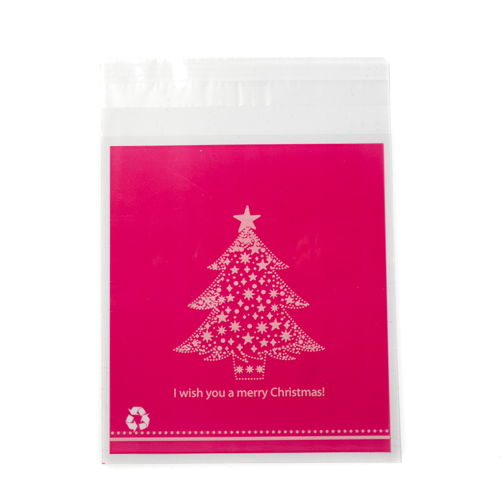 Karácsony, fenyőfa mintás, feliratos rózsaszín celofán tasak, ajándék, süti, ékszer tasak, 14x10 cm