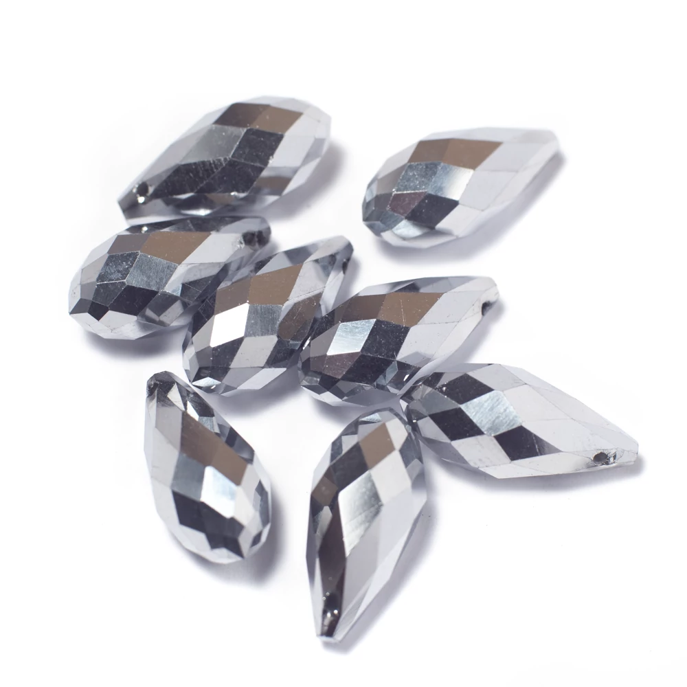 Ezüst színű csiszolt csepp üveg gyöngy, 20x10 mm