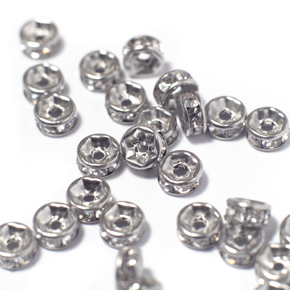 Kristály strasszköves rondell köztes gyöngy, antik ezüst színű, acél, 6 mm