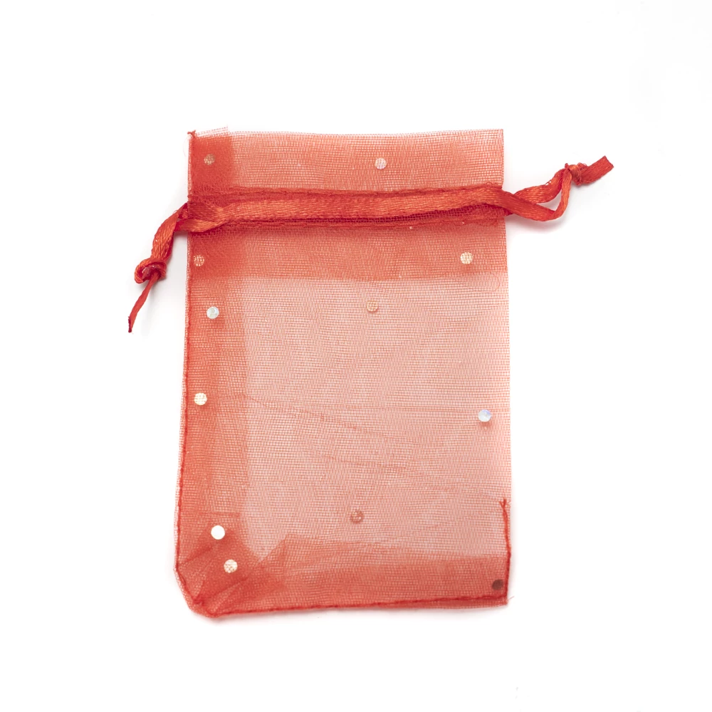 Csillámos, piros organza tasak, zacskó, 9x7 cm