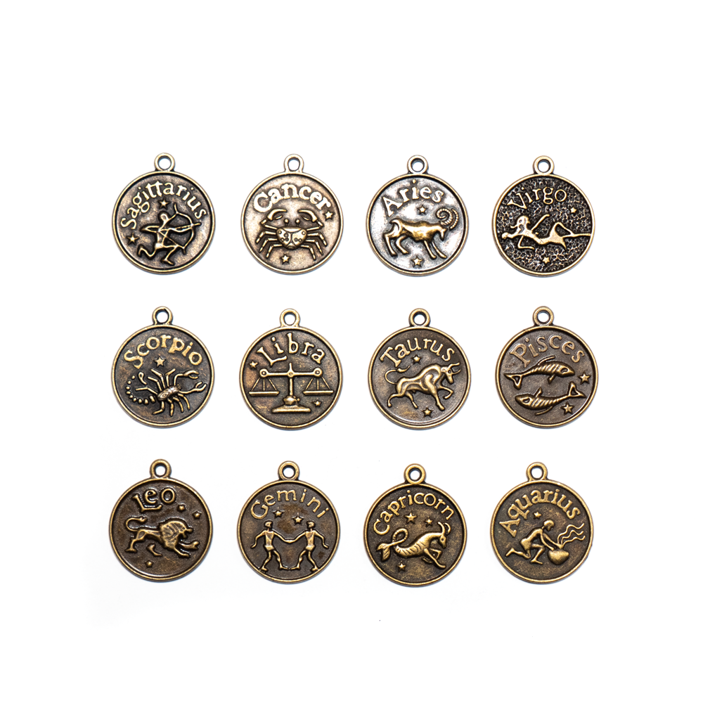 Horoszkóp fityegő, medál szett, antik bronz színű, 12 db