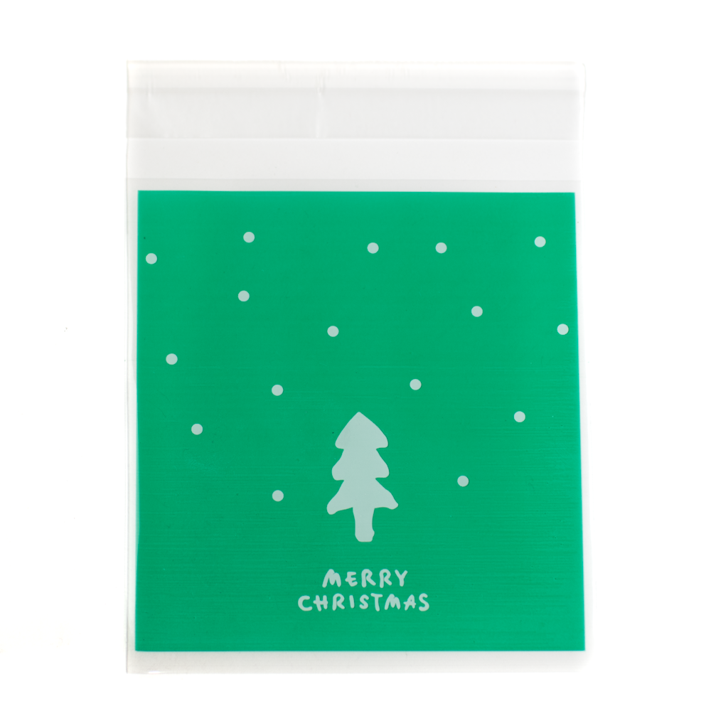 Karácsony, fenyőfa mintás, feliratos zöld celofán tasak, ajándék, süti, ékszer tasak, 13x10 cm