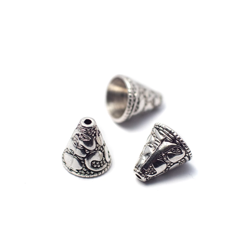 Mintás kúp gyöngykupak, antik ezüst színű, 12x13 mm