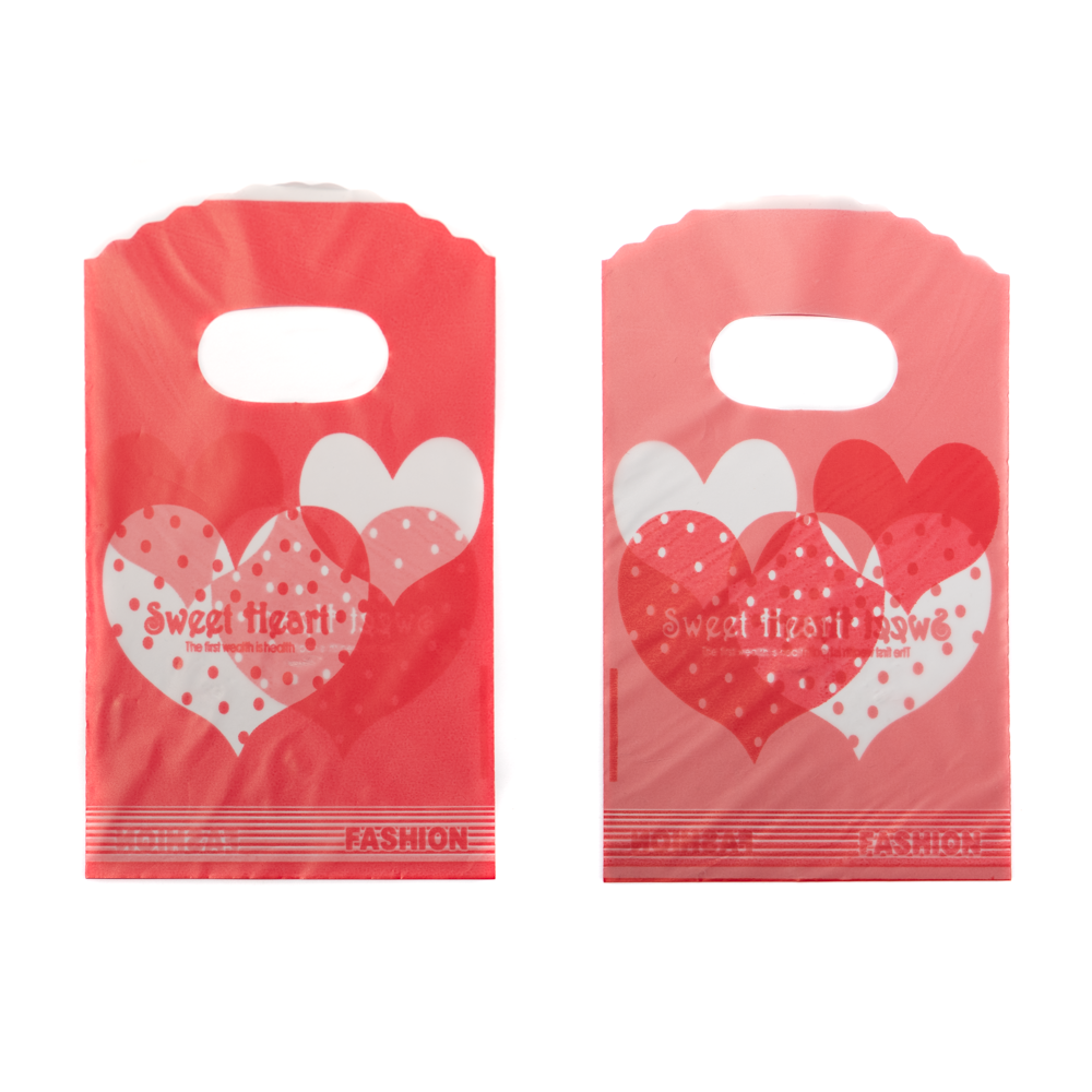 Szív mintás, piros műanyag kis tasak, táska, ajándék zacskó, 15x9 cm