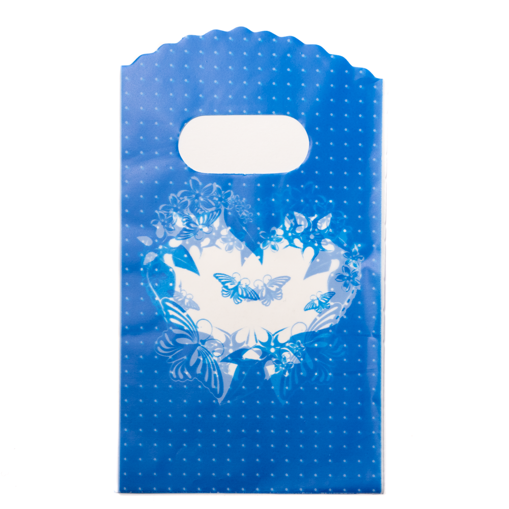 Kék, lepke mintás műanyag kis tasak, táska, ajándék zacskó, 15x9 cm