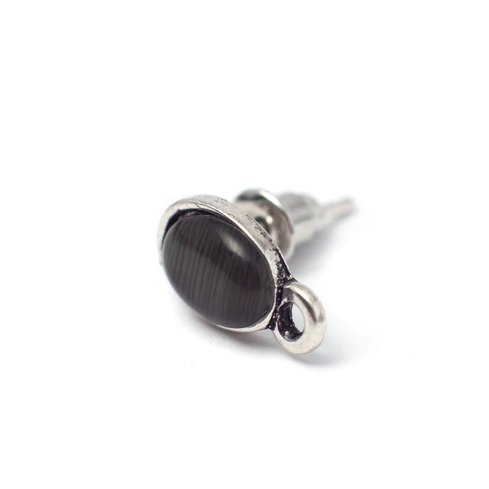 Bedugós fülbevalóalap fekete macskaszem kabosonnal, antik ezüst színű, 12x7 mm