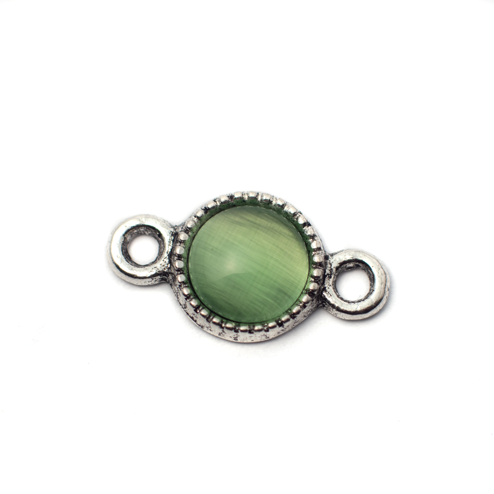 Összekötő zöld macskaszem kabosonnal, antik ezüst színű, 18x10 mm