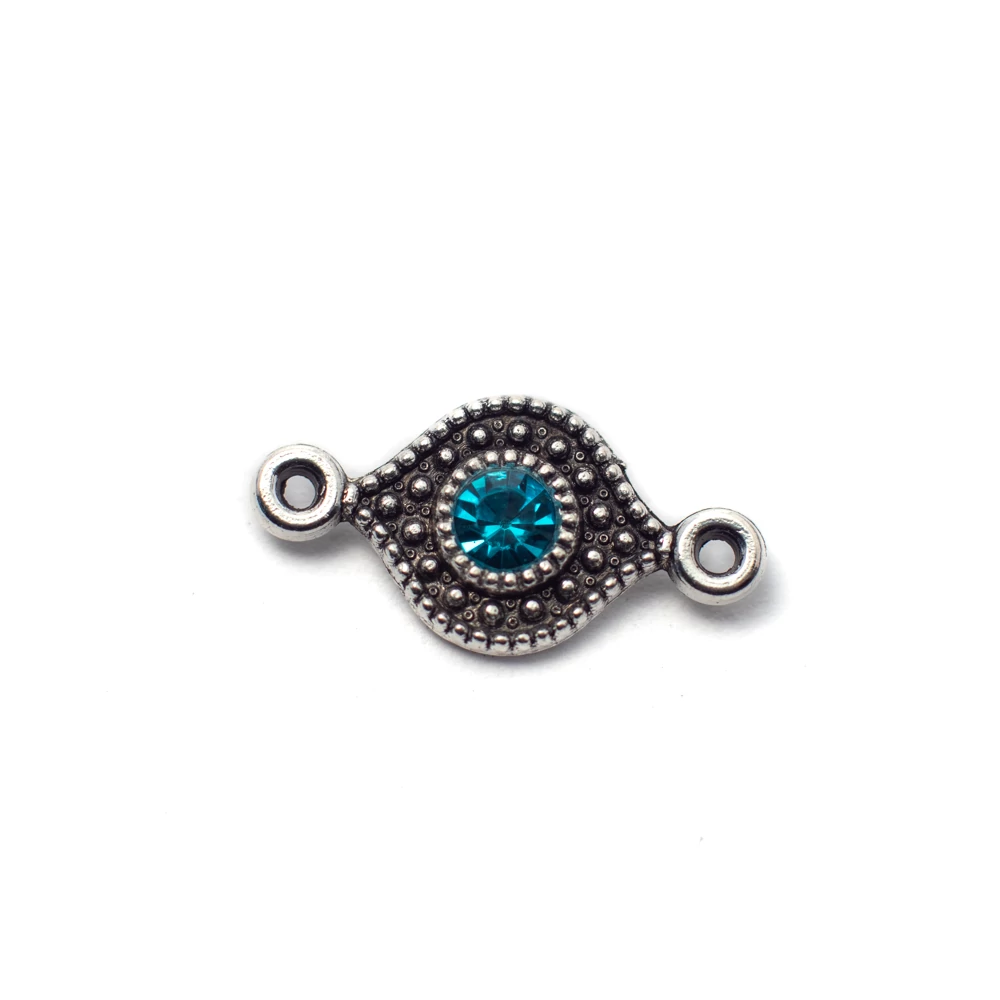 Összekötő világoskék strasszkővel, antik ezüst színű, 16x8 mm