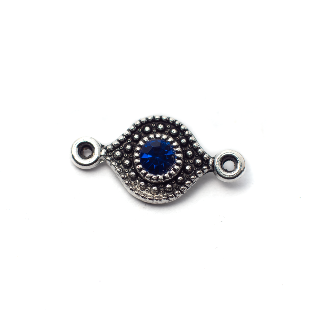 Összekötő sötétkék strasszkővel, antik ezüst színű, 16x8 mm