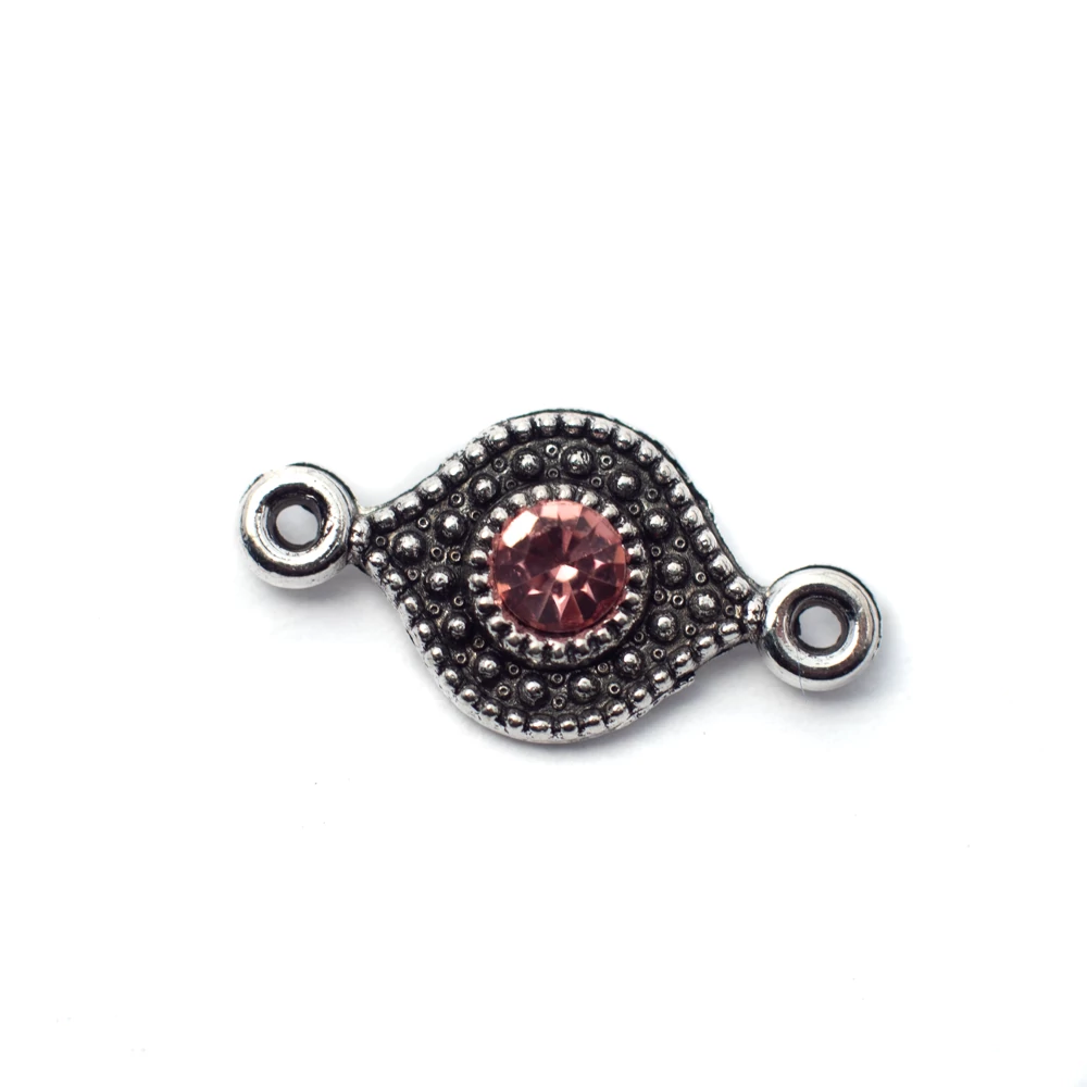 Összekötő rózsaszín strasszkővel, antik ezüst színű, 16x8 mm