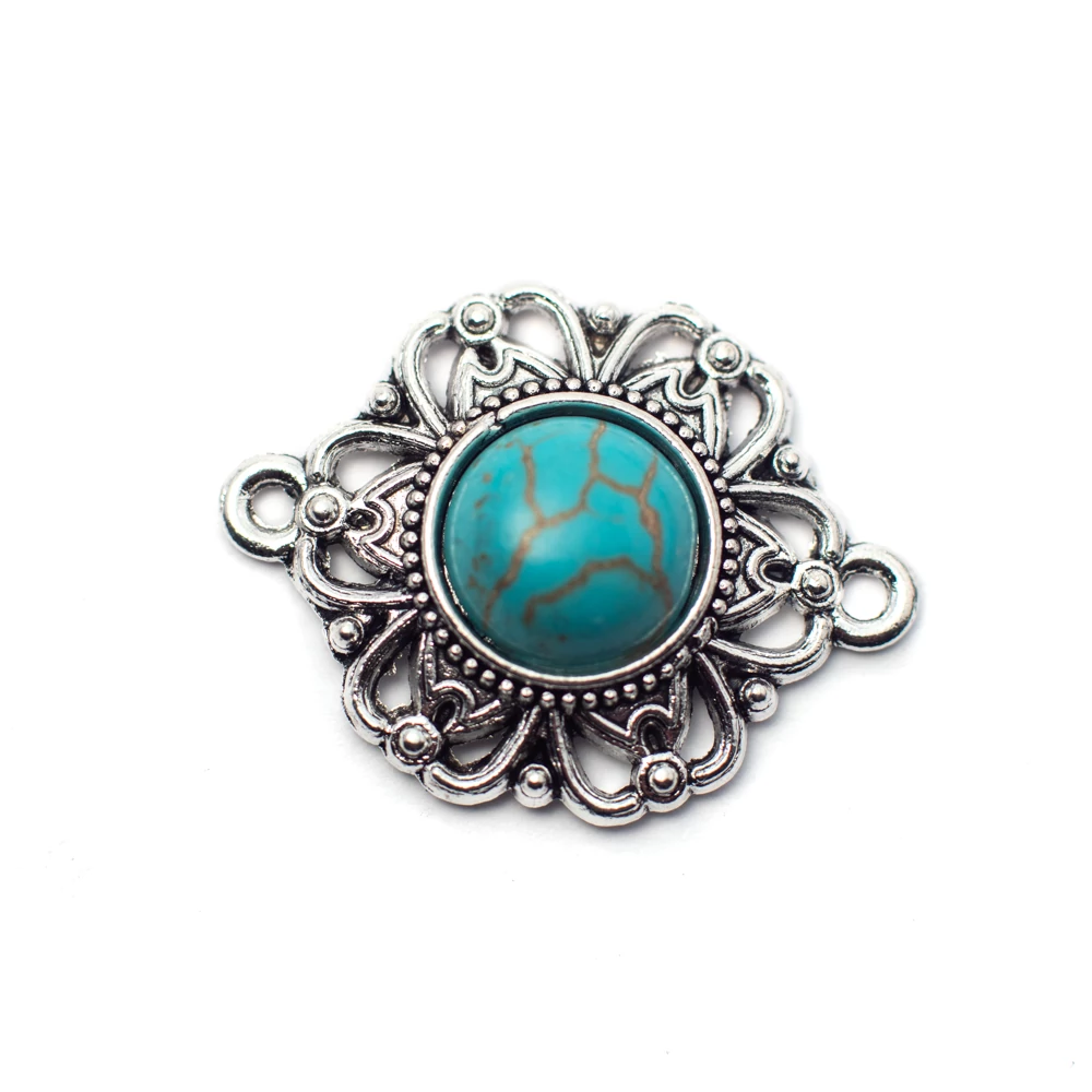 Összekötő imitált türkiz kabosonnal, antik ezüst színű, 28x22 mm