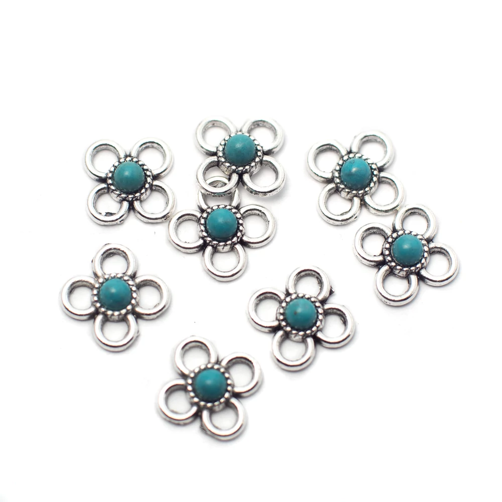 Összekötő imitált türkiz kabosonnal, antik ezüst színű, 10x10 mm