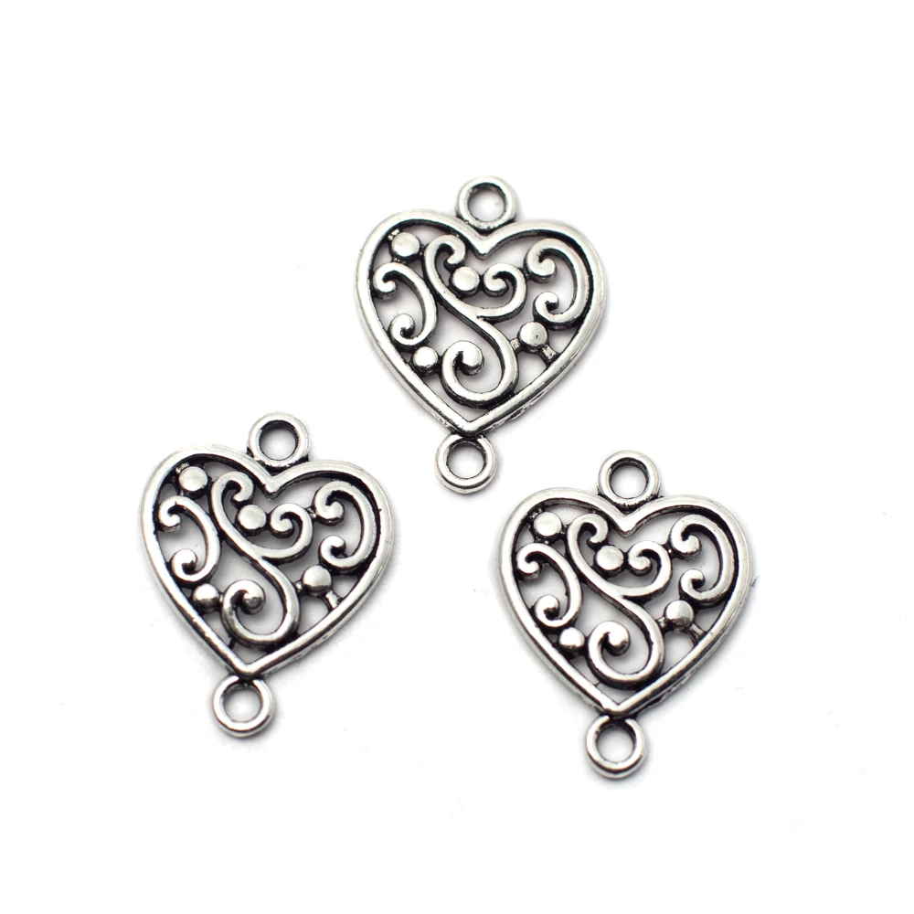 Szív összekötő, fülbevalóalap, medálalap, antik ezüst színű, 19x15 mm