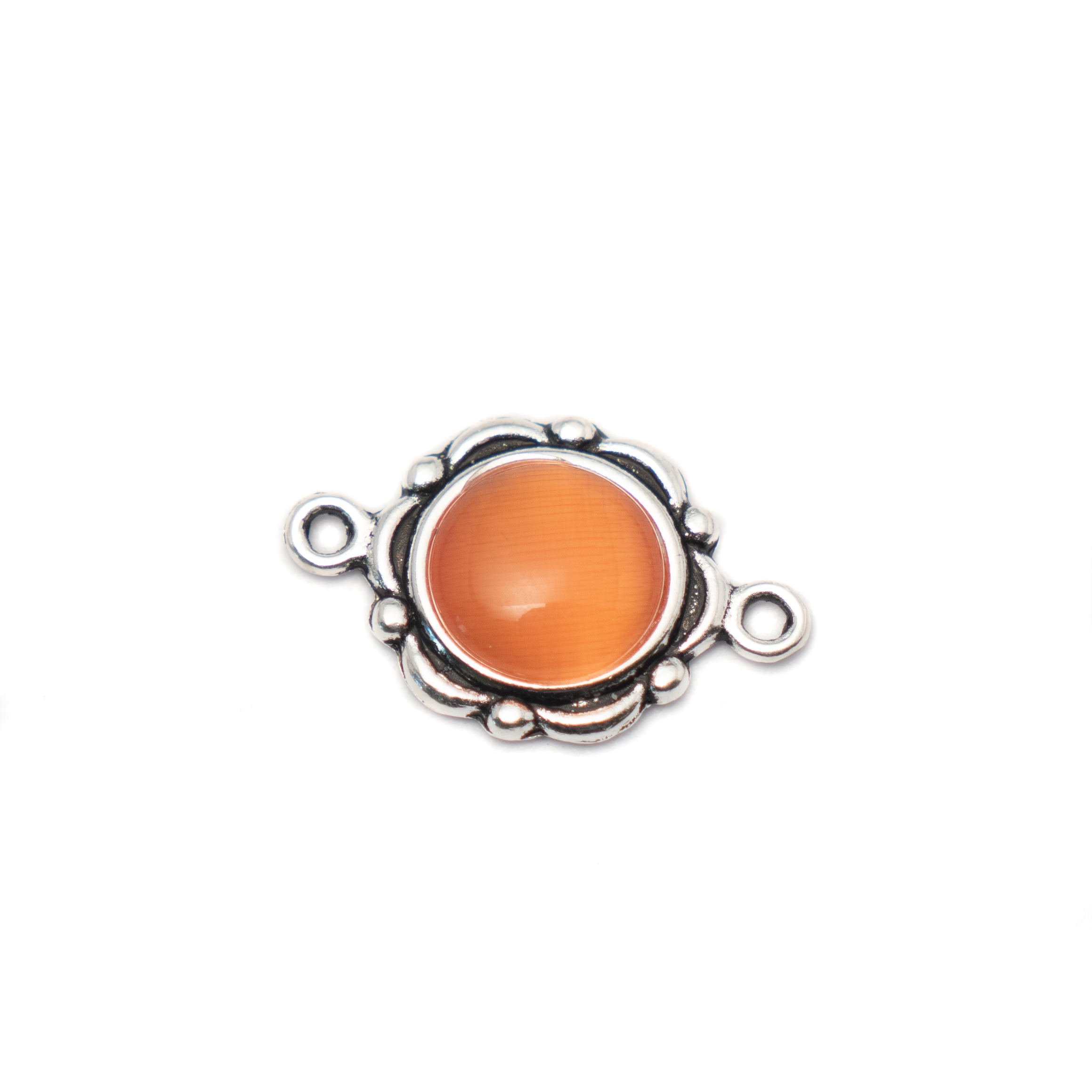 Összekötő narancssárga macskaszem kabosonnal, antik ezüst színű, 23x15mm