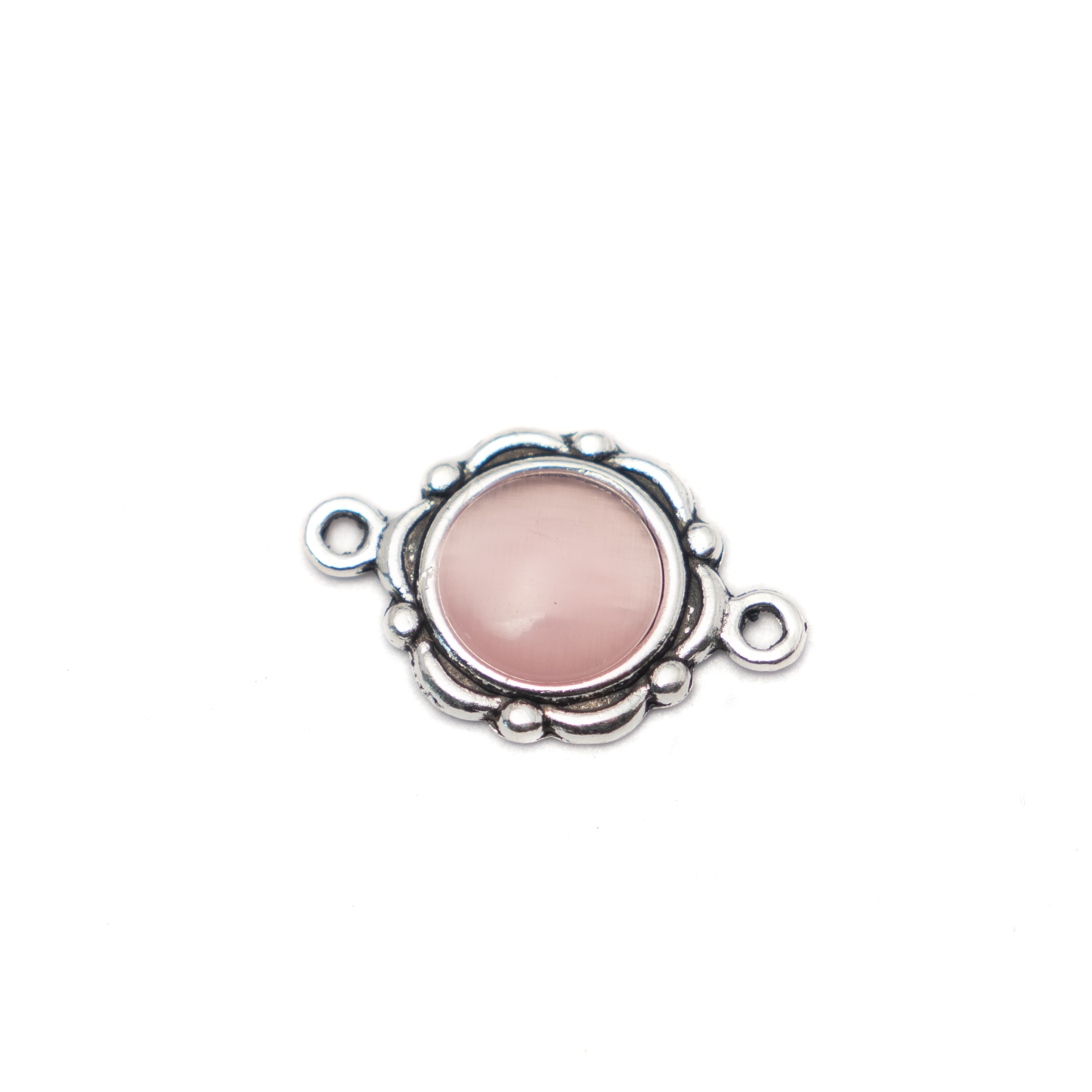 Összekötő rózsaszín macskaszem kabosonnal, antik ezüst színű, 23x15mm