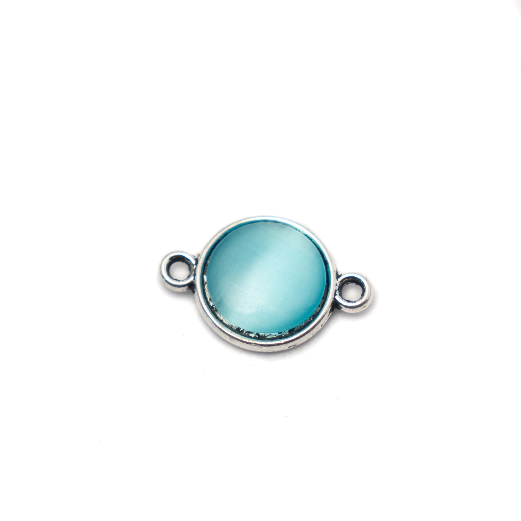 Összekötő kék macskaszem kabosonnal, antik ezüst színű, 18x12 mm